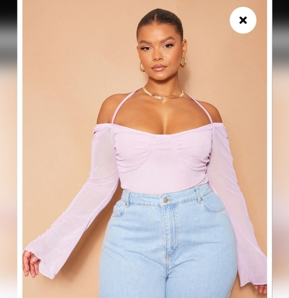🍁🍂NWOT PRETTYLITTLETHING  20 Plus Lilac Mesh Sleeve Halter Neck Bodysuit - Picture 3 of 7